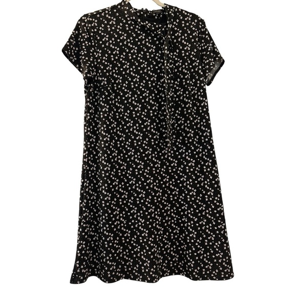 ANN TAYLOR shift dress, size 10, black, small florals,short sleeves, tie neck - Picture 1 of 7